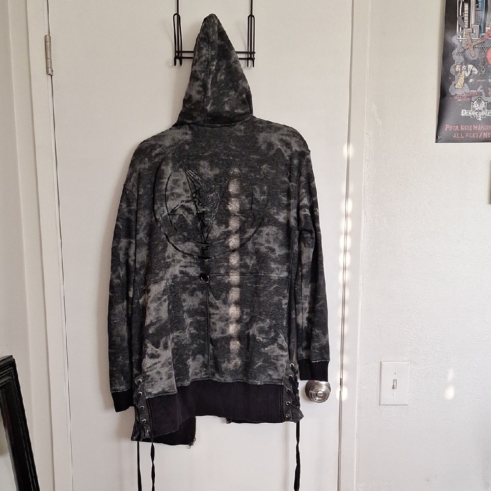Killstar RARE Black and Gray Graphic Oversized Zip Up Baphomet Used Hoodie Sz M